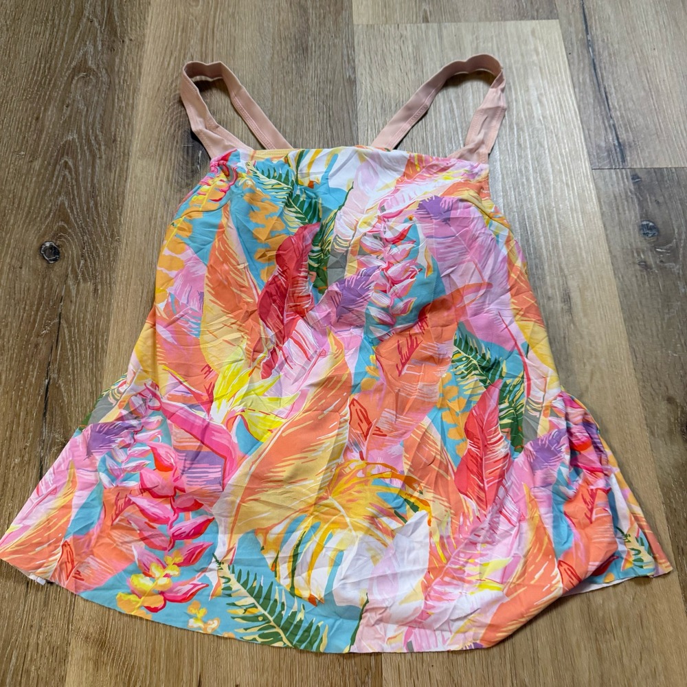 Tropical Leaf Print Tankini Swim Top Multicolor Botanical 0XL Crisscross Straps